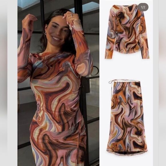 ZARA SET Printed tulle โSet Top And Skirt Organge Beige Brown Combiation - Picture 4 of 16